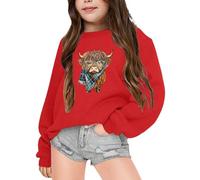 Pull de Noël Amusant pour Fille Enfant, Pull Rigolo Bovins des Highlands Imprime Mignon Sweat Sans Capuche Manches Longues Col Rond Pullover Mode Chaud Doux Vêtements pour 2 - 7 Ans Hauts Joyeux