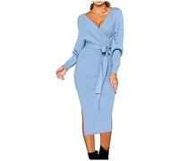 Pull de Noël col en V dos nu robe portefeuille avec manches chauve-souris ceinture divisée, bleu, M