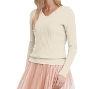 Pull de Noël en couple uni pour femme, col en V, décontracté, printemps, chandails côtelés, coupe Slim, légers tricots spéciaux d'hiver longs, beige, XL
