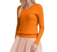 Pull de Noël en couple uni pour femme, col en V, décontracté, printemps, chandails côtelés, coupe Slim, légers tricots spéciaux d'hiver longs, Orange, L
