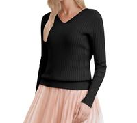Pull de Noël en couple uni pour femme, col en V, décontracté, printemps, chandails côtelés, coupe Slim, légers tricots spéciaux d'hiver longs, Noir , M
