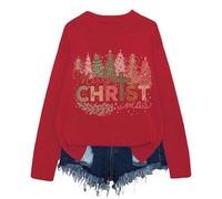 Pull de Noël en tricot pour femme 2025 imprimé graphique tendance à manches longues et col rond pour l'automne décontracté coupe ample pour la maison, l'extérieur, cadeaux de fête de Noël, Rouge, S