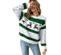 Pull de Noël en tricot pour femme - Coupe régulière - Motif renne - Lettres Merry Christmas, Vert, L
