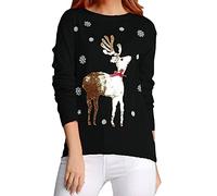 Pull de Noël en tricot pour femme - Pull de Noël amusant - Pull de Noël pour femme - Pull de dessin animé confortable avec motif flocon de neige et bonhomme de neige, Noir , S