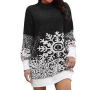 Pull de Noël en tricot pour femme - Pull de Noël amusant - Pull en tricot - Flocon de neige - Col rond - Manches longues - Robe de Noël confortable, Noir , XL