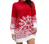 Pull de Noël en tricot pour femme - Pull de Noël amusant - Pull en tricot - Flocon de neige - Col rond - Manches longues - Robe de Noël confortable, rouge, L