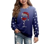 Pull de Noël Enfent Fille Sweatshirt Drôle Col Rond Merry Christmas Sweatshirts Filles T-Shirt de Noël à Manches Longues Verre à Vin Motif