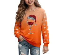 Pull de Noël Enfent Fille Sweatshirt Drôle Col Rond Merry Christmas Sweatshirts Filles T-Shirt de Noël à Manches Longues Verre à Vin Motif