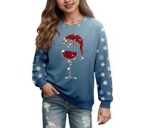 Pull de Noël Enfent Fille Sweatshirt Drôle Col Rond Merry Christmas Sweatshirts Filles T-Shirt de Noël à Manches Longues Verre à Vin Motif