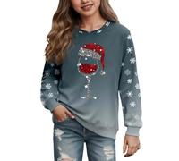 Pull de Noël Enfent Fille Sweatshirt Drôle Col Rond Merry Christmas Sweatshirts Filles T-Shirt de Noël à Manches Longues Verre à Vin Motif