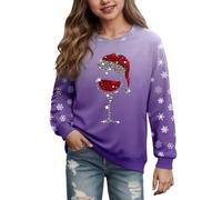 Pull de Noël Enfent Fille Sweatshirt Drôle Col Rond Merry Christmas Sweatshirts Filles T-Shirt de Noël à Manches Longues Verre à Vin Motif