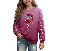 Pull de Noël Enfent Fille Sweatshirt Drôle Col Rond Merry Christmas Sweatshirts Filles T-Shirt de Noël à Manches Longues Verre à Vin Motif