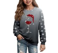 Pull de Noël Enfent Fille Sweatshirt Drôle Col Rond Merry Christmas Sweatshirts Filles T-Shirt de Noël à Manches Longues Verre à Vin Motif