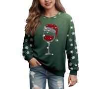 Pull de Noël Enfent Fille Sweatshirt Drôle Col Rond Merry Christmas Sweatshirts Filles T-Shirt de Noël à Manches Longues Verre à Vin Motif