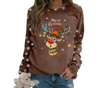 Pull de Noel Femme Automne Hiver Pull Moche Noel Renne Bonhomme de Neige Cloches Imprimé Mignon Drole Ugly Sweat San Capuche Chaud Polaire Merry Christmas Sweatshirt (A01-Brown, M)