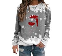 Pull de Noel Femme avec Verre à vin Rouge Imprimés Automne Hiver Décontracté Sweat sans Capuche Mignon Manches Longues Col Rond Sweatshirt Christmas Funny Pullover