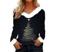 Pull De Noel Femme,Chemise Noel Femme Manches Longues Col V Fourrure Moche Drole Original Tunique Rigolo Chic Lumineux Christmas Chemise Col V Sweat