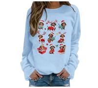 Pull De Noel Femme Chic,Hoodie Féminin sans Capuche Imprimé Noël - Sweat Décontracté Moderne pour Femme sans Capuche avec Motif Festif et Confort Durable (Light Blue, XL)