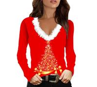 Pull de Noël Femme Col en V, Pull de Noël Femme avec Col en Peluche Noël Manches Longues Chemise à Manches Longues Costume de Noël Festif Pull Imprimé Arbre de Noël Hauts à Manches Longues Chemise de