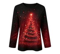 Pull De Noël Femme Col Rond Imprimé Traîneau Père Noël Dégradé Soirée | Haut De Noël Féerique En Dégradé Blanc Et Rouge Représentant Le Traîneau Du Père Noël Survolant Les Sapins Enneigés