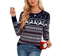 Pull de Noël Femme Col Rond Pull Tricoté Pullover Noël Wapiti Flocon de Neige Dames Renne Bonne Année Pulls Confortable Hiver Chaud Chic Ajusté Bleu Marine XL