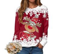 Pull de Noel Femme, Femmes Automne Hiver décontracté Noël Renne Bonhomme de Neige Cloches imprimé Mignon Manches Longues col Rond Pull, imprimé Noël Sweat Capuche Confortable pour Femme et Fille