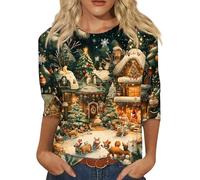 Pull de Noel Femme Grande Taille Manche 3/4 Col Rond Vintage Print Blouse Sweatshirt Automne Hiver Sport Pull Noel Moche Tee Shirt Mode Casual Doux Marque Vetement Oversize 01 Kaki L