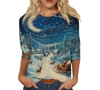 Pull de Noel Femme Grande Taille Manche 3/4 Col Rond Vintage Print Blouse Sweatshirt Automne Hiver Sport Pull Noel Moche Tee Shirt Mode Casual Doux Marque Vetement Oversize 01 Bleu M