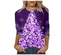 Pull de Noël Femme Haut Mode Col Rond Manches Quartiers pour Femmes avec Imprimé Arbre de Noël, lilas, L