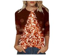 Pull de Noël Femme Haut Mode Col Rond Manches Quartiers pour Femmes avec Imprimé Arbre de Noël, rouge, L