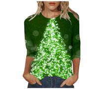 Pull de Noël Femme Haut Mode Col Rond Manches Quartiers pour Femmes avec Imprimé Arbre de Noël, vert, L
