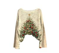 Pull De Noel Femme Lumineux Manches Longues Pulls en Tricot Col Rond Chandail Haut Sapin Noel Imprimé Elegant Sweater Motif Pull Noël Moche Oversize Vintage Sweatshirt Pas Cher Pullover Tops