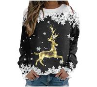 Pull De Noel Femme Lumineux Sweat Col Rond, Sweatshirt Court Imprimé Flocon De Neige Et Gros Cerf Doré LéGer à Manches Longues Tunique Ample DéContracté sans Chapeau
