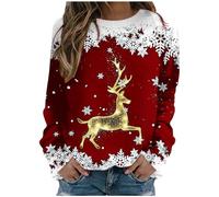 Pull De Noel Femme Lumineux Sweat Col Rond - Sweatshirt Court Imprimé Flocon De Neige Et Gros Cerf Doré LéGer à Manches Longues Tunique Ample DéContracté sans Chapeau