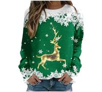 Pull De Noel Femme Lumineux Sweat Col Rond, Sweatshirt Court Imprimé Flocon De Neige Et Gros Cerf Doré LéGer à Manches Longues Tunique Ample DéContracté sans Chapeau