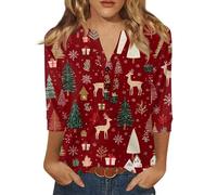 Pull De Noel Femme Manche 3/4 Vetement Noel Femme Impression Hauts Col en V Unique Casual Top Chic Vin 3XL
