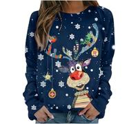 Pull de Noel Femme Manches Longues à Col Rond Imprimé Ugly Christmas Sweater Sweatshirt Festif Hoodie pour la Famille et Cadeaux Tenue，Navy#1，L