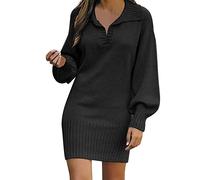 Pull de Noël Femme Manches Longues Mode Solide Pull Mi-Longue Laine Robe Tricotée, Noir , L