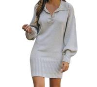 Pull de Noël Femme Manches Longues Mode Solide Pull Mi-Longueur Laine Robe Tricotée, gris, XXL