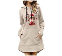 Pull de Noël Femme Mince Pull de Noël Femme avec Imprimé Dessin Animé Léger Robe Pull à Manches Longues avec Cordon de Serrage Poche, beige, S