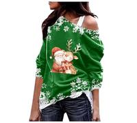 Pull de Noël Femme Père Noël Décontracté Mode Hiver Épaule oblique Brillant Tête de Cerf Mode Halloween Thème Flocon de Neige Imprimé Haut Mi-Longueur avec Sweat à Capuche, vert, 3XL