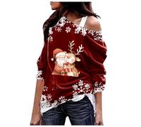 Pull de Noël Femme Père Noël Décontracté Mode Hiver Épaule oblique Brillant Tête de Cerf Mode Halloween Thème Flocon de Neige Imprimé Haut Mi-Longueur avec Sweat à Capuche, Bordeaux, 3XL