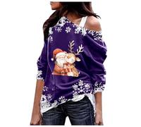 Pull de Noël Femme Père Noël Décontracté Mode Hiver Épaule oblique Brillant Tête de Cerf Mode Halloween Thème Flocon de Neige Imprimé Haut Mi-Longueur avec Sweat à Capuche, lilas, 3XL
