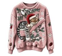 Pull de Noel Femme Rigolo Hiver Drôle Sweat Pull Noël Fantaisie à Col Rond et Chaud Sweatshirt de Noël en Flanelle avec imprimé Chat Mignon pour Femme Thermique Confortable Vêtement Festif Joli Haut