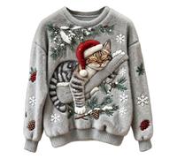 Pull de Noel Femme Rigolo Hiver Drôle Sweat Pull Noël Fantaisie à Col Rond et Chaud Sweatshirt de Noël en Flanelle avec imprimé Chat Mignon pour Femme Thermique Confortable Vêtement Festif Joli Haut