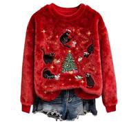 Pull de Noel Femme Rigolo Hiver Drôle Sweat Pull Noël Fantaisie à Col Rond et Chaud Sweatshirt de Noël en Flanelle avec imprimé Chat Mignon pour Femme Thermique Confortable Vêtement Festif Joli Haut