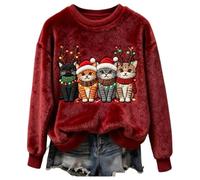 Pull de Noel Femme Rigolo Hiver Drôle Sweat Pull Noël Fantaisie à Col Rond et Chaud Sweatshirt de Noël en Flanelle avec imprimé Chat Mignon pour Femme Thermique Confortable Vêtement Festif Joli Haut