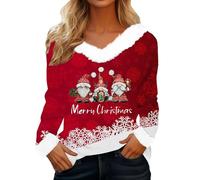 Pull De Noel Femme Sweats de Noël à col en V en fourrure pour femme, chemisiers d'hiver décontractés confortables et chauds avec col en peluche imprimé Père Noël à manches longues Pull de Noël 2025