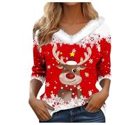Pull De Noel Femme Sweats de Noël à col en V en fourrure pour femme, chemisiers d'hiver décontractés confortables et chauds avec col en peluche imprimé Père Noël à manches longues Pull de Noël 2025