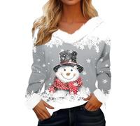 Pull De Noel Femme Sweats de Noël à col en V en fourrure pour femme, chemisiers d'hiver décontractés confortables et chauds avec col en peluche imprimé Père Noël à manches longues Pull de Noël 2025